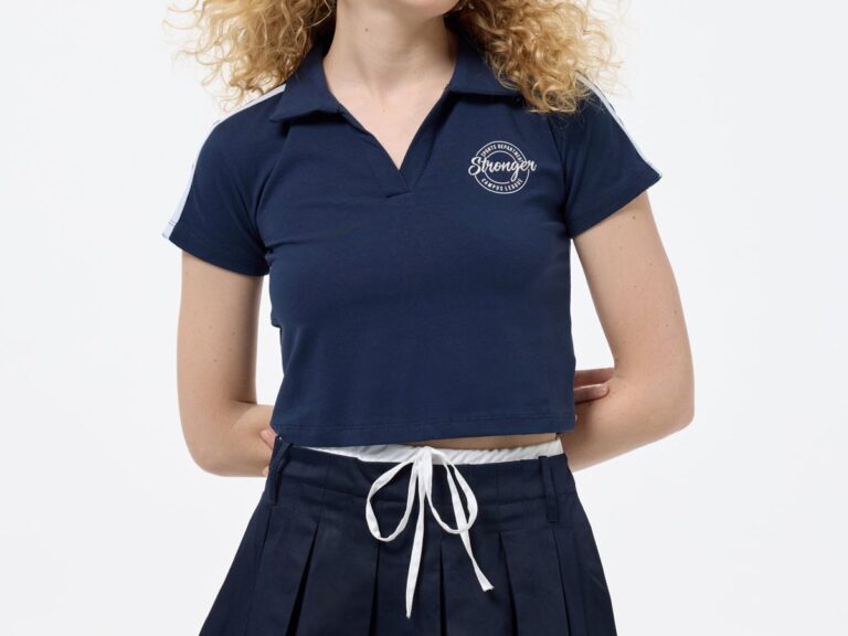 Polo Yaka Baskılı Crop Tişört Lacivert
