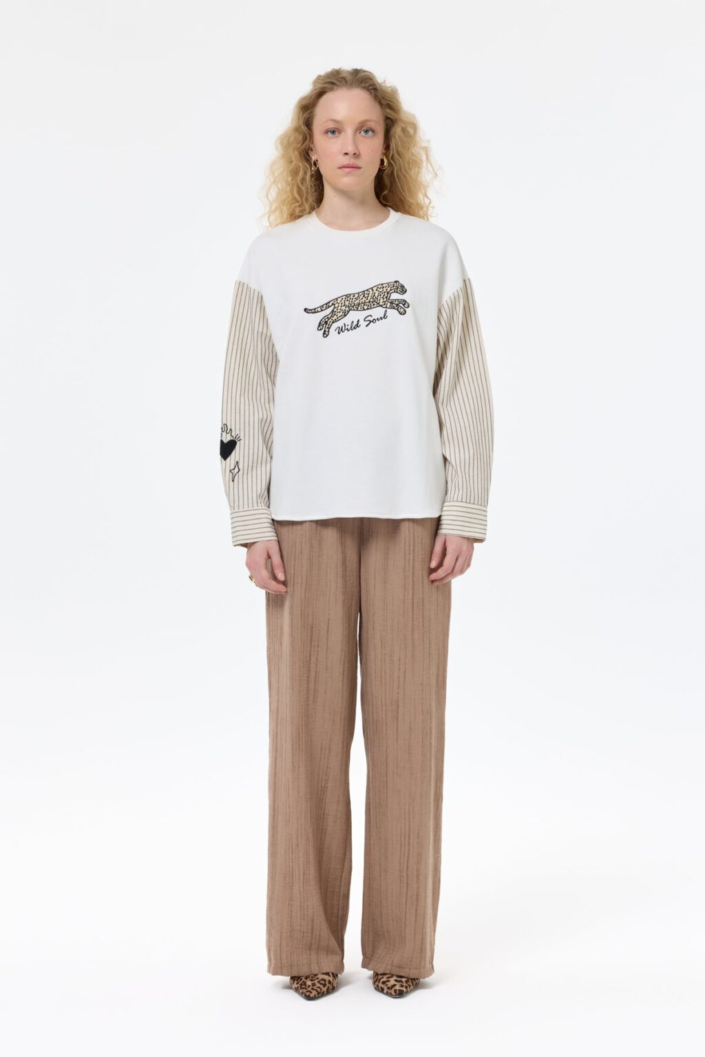 Çizgili Garnili Leopar Baskılı Sweatshirt Ekru