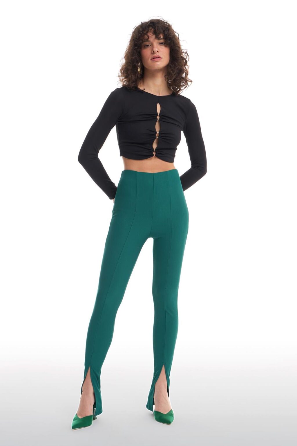 Beli Lastikli Yırtmaçlı Pantolon Koyu Yeşil