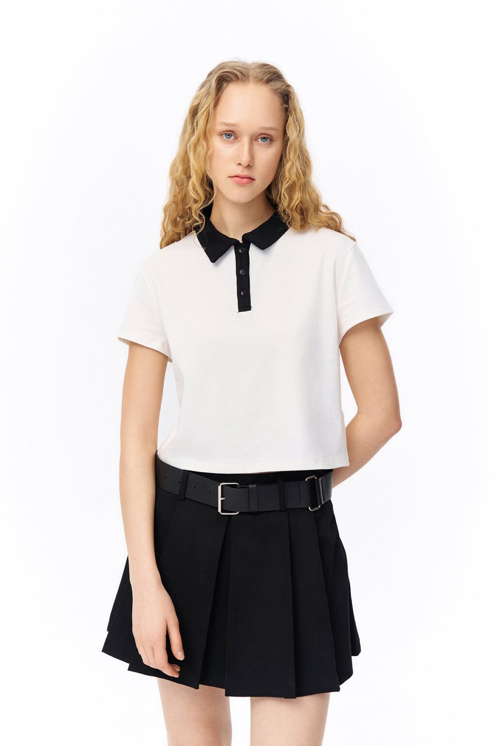 Renk Bloklu Polo Yaka Basic Tişört Ekru