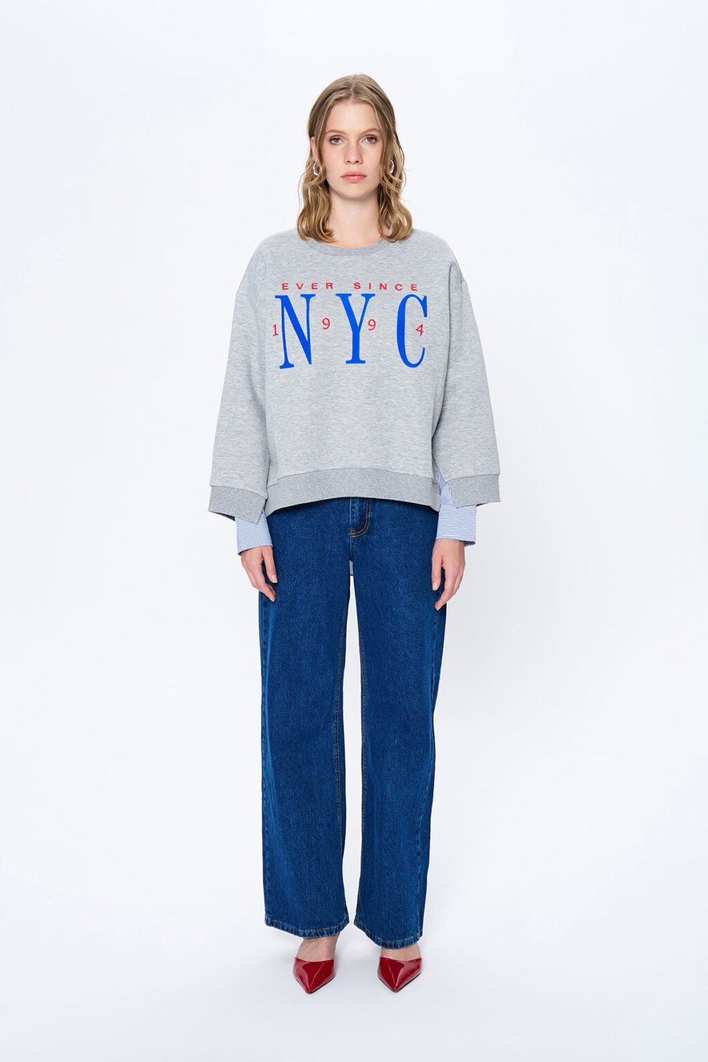 Sırtı Gömlek Matchli Baskılı Sweatshirt Gri