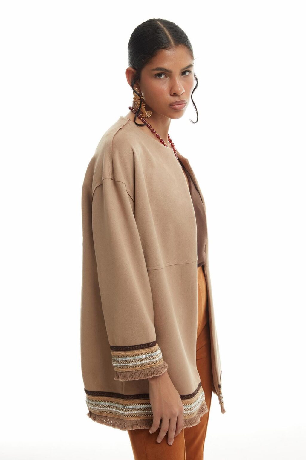 Püskül Detaylı Süet Kimono Bej