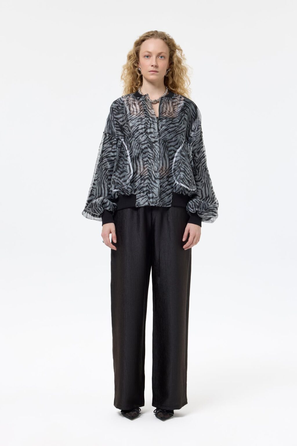 Zebra Desenli Cepli Tül Bomber Ceket Siyah