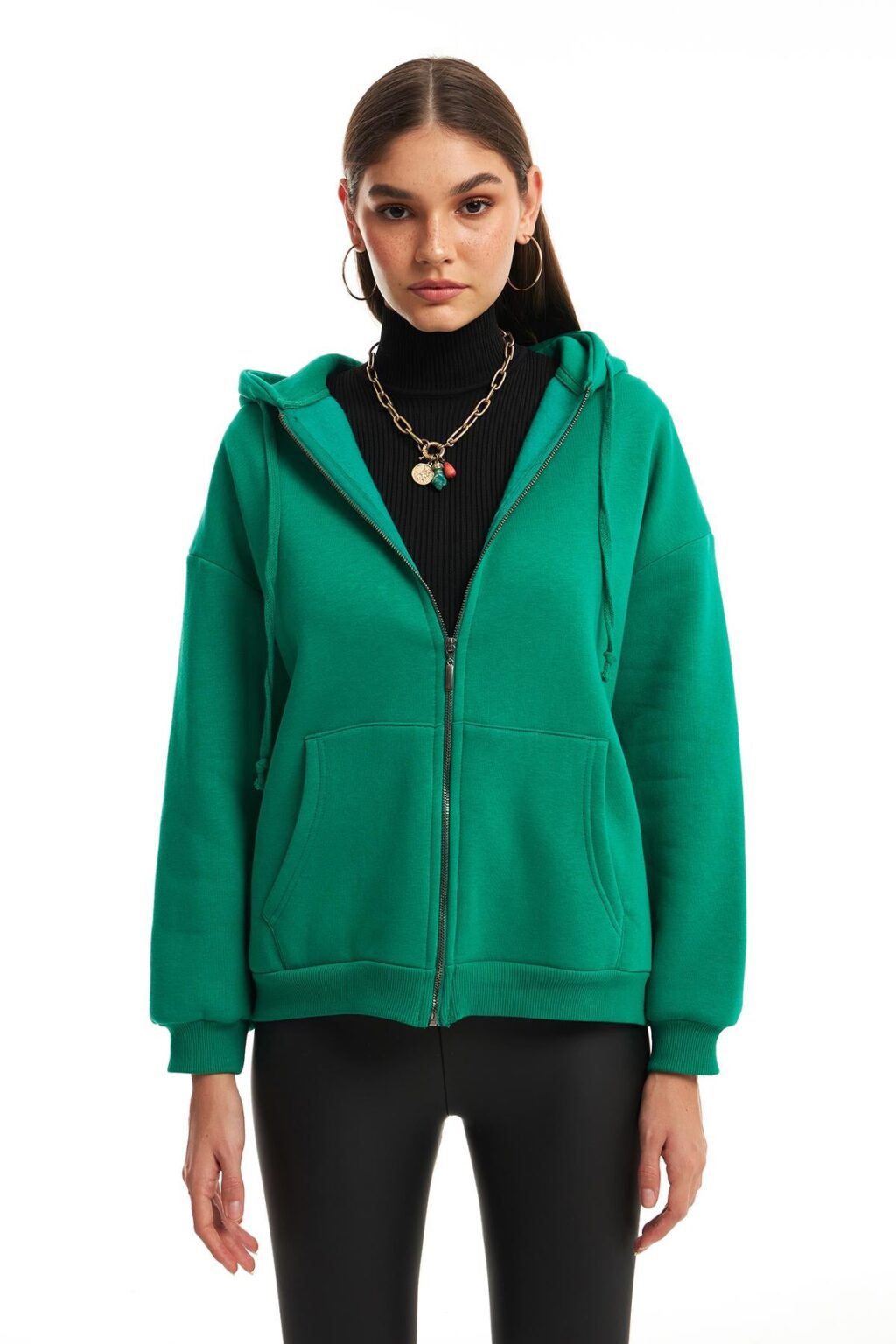 Fermuarlı Kapüşonlu Sweatshirt Koyu Yeşil