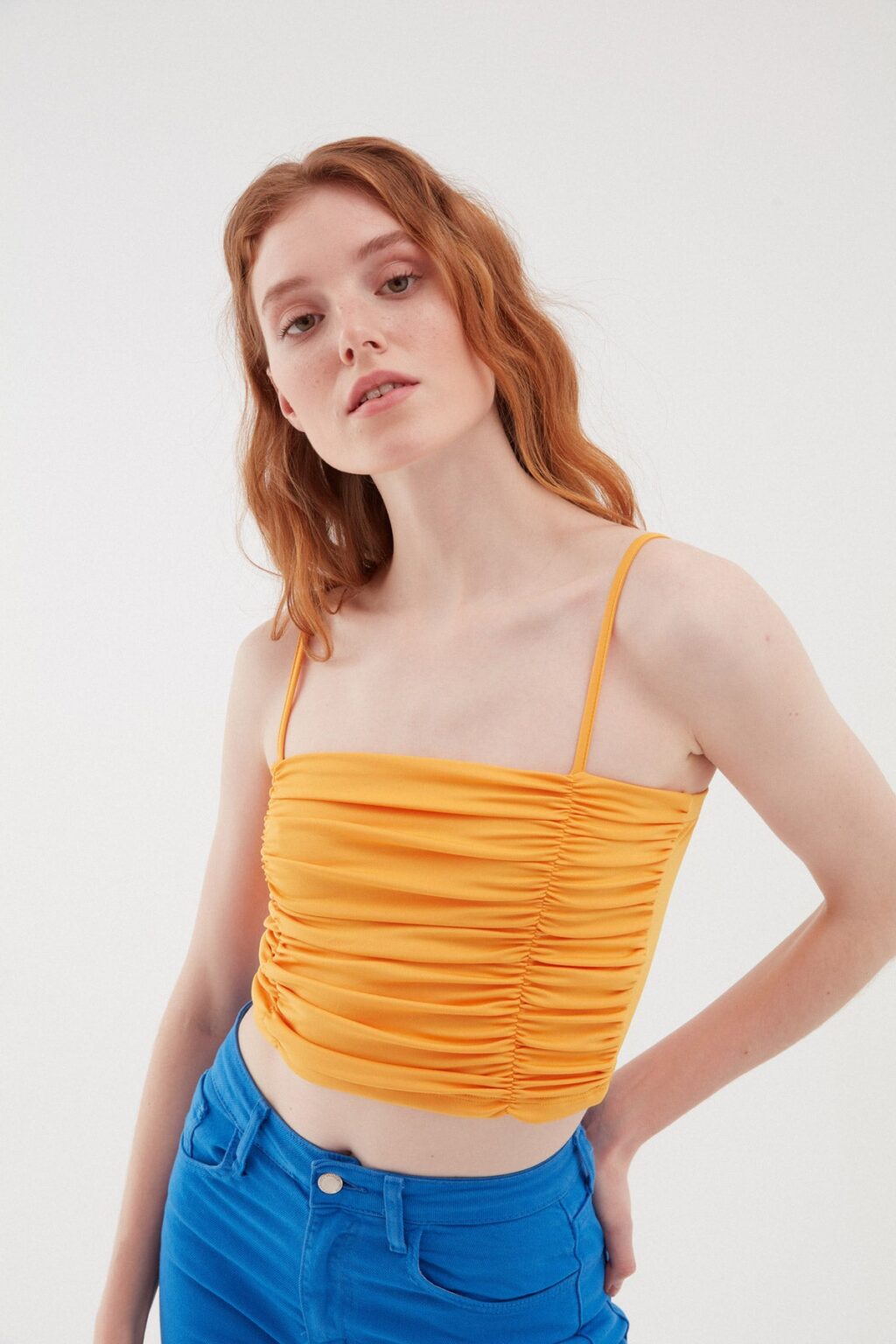 İnce Askılı Gipeli Crop Bluz Açık Oranj