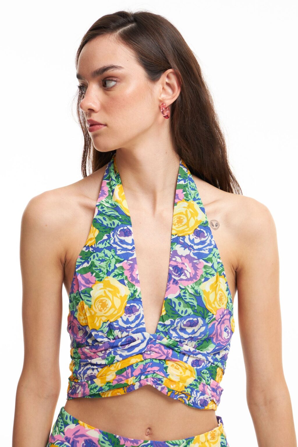 Boyundan Bağlamalı Dekolteli Crop Bluz Lila