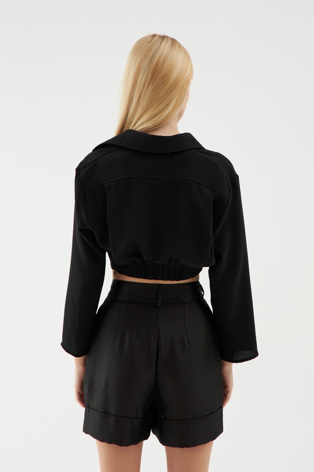 Beli Lastikli Crop Gömlek Siyah