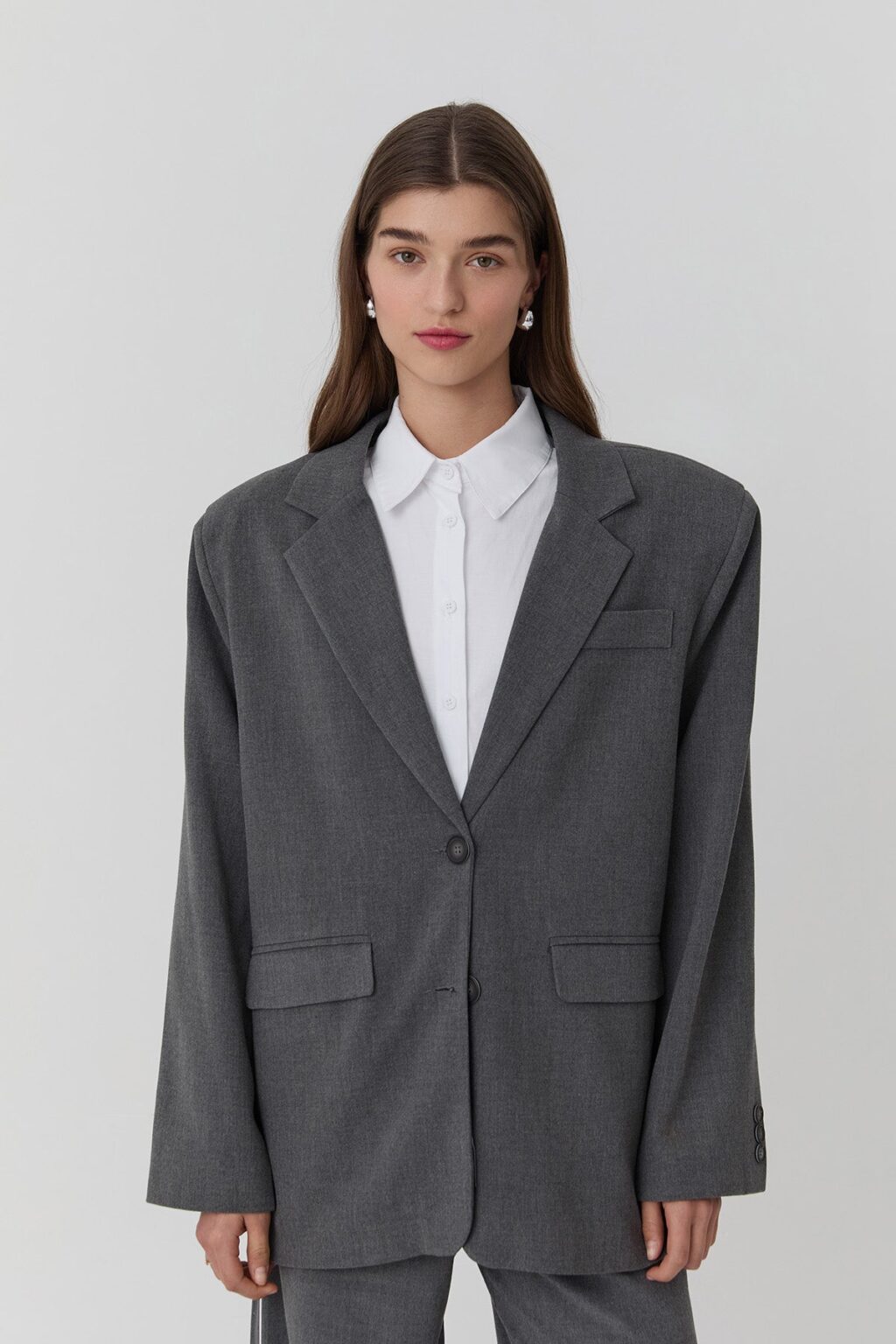 Gömlek Detaylı Sırtı Baskılı Blazer Ceket Gri