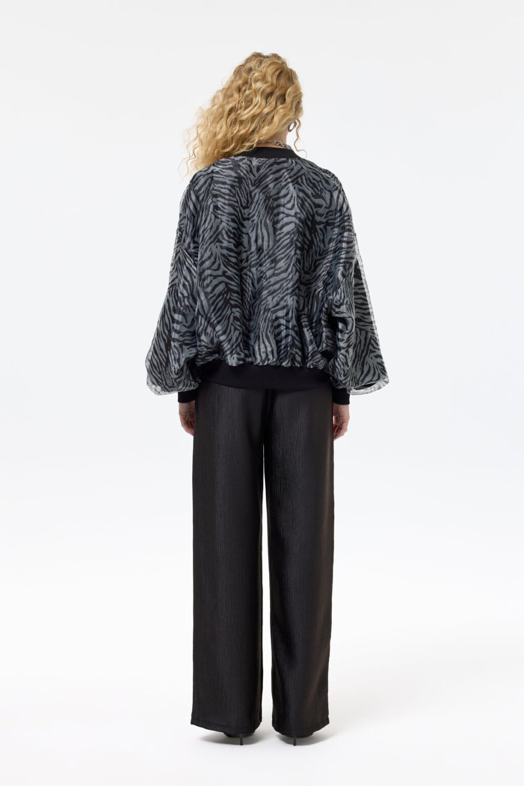 Zebra Desenli Cepli Tül Bomber Ceket Siyah