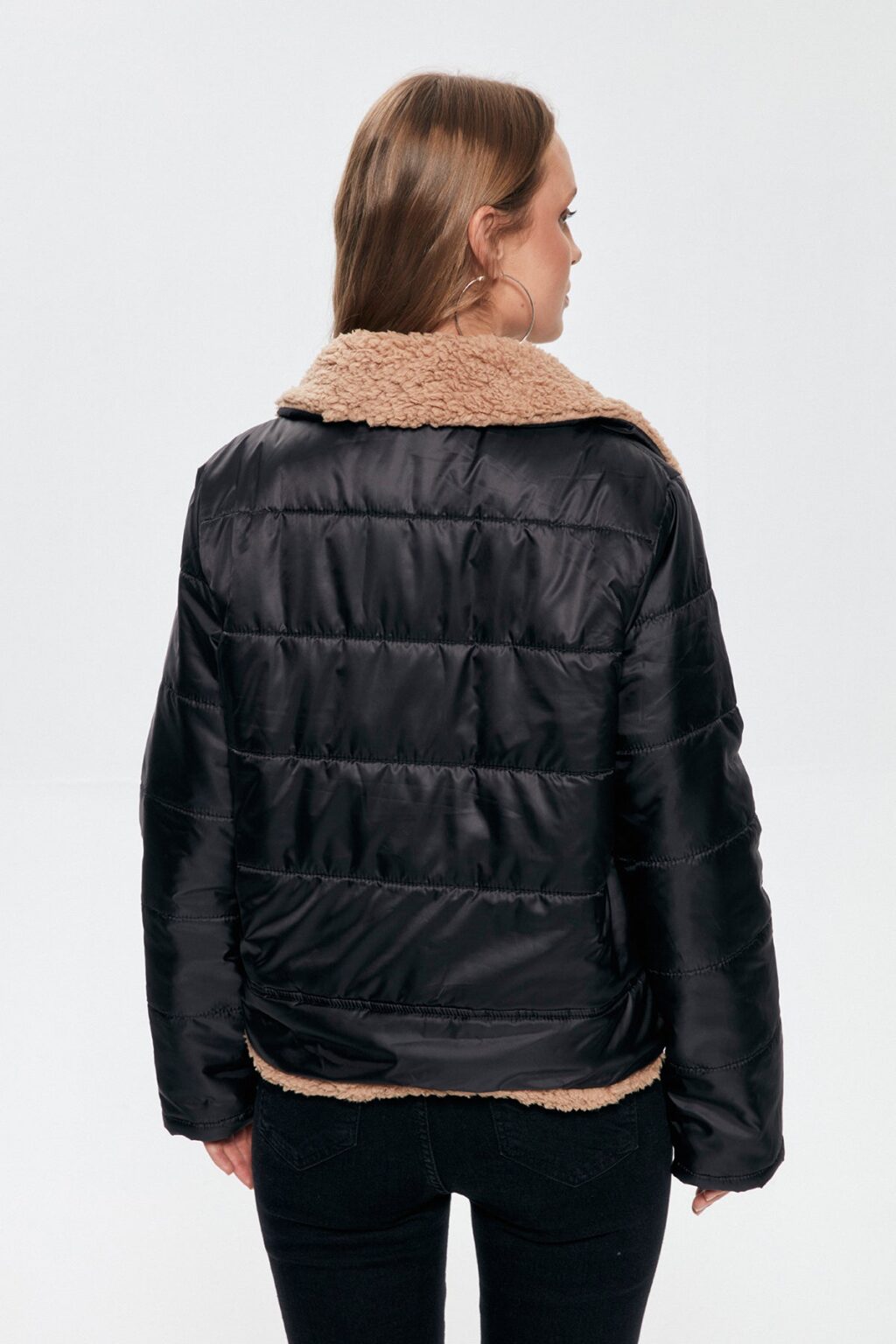 Peluş Detaylı Şişme Mont Siyah
