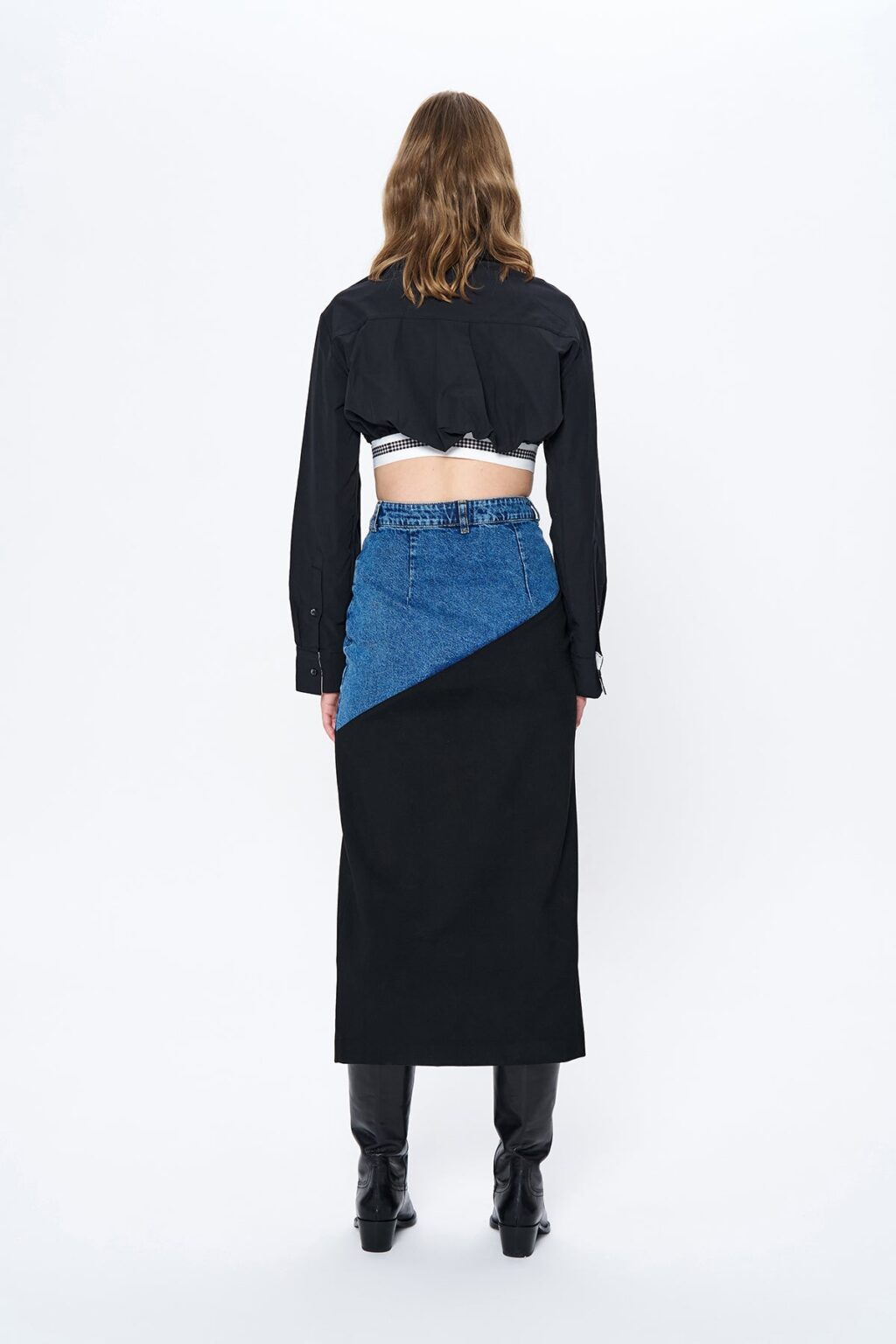 Denim Matchli Yırtmaçlı Midi Etek Siyah